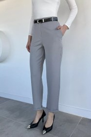 Resim Kadın Kemerli Duble Paça Pantolon Gri TZL-P-00020730 