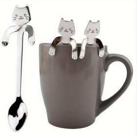 Resim 1pc/2pcs/3pcs Paslanmaz Çelik Kedi Şeklinde Kahve Kaşıkları, Şirin Metal Çay ve Tatlı Kaşığı, Buz Mini Kaşığı, Ev ve Parti için, Elektrik veya Batarya Gerekmeden, Mezuniyet ve Ramazan Sofrası ve Malzemeleri için 