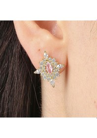 Resim Pink Taşlı Hanedan Nişanı Gold Renk Vintage Gümüş Küpe 