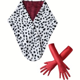 Resim Couyras Dalmaçyalı Leopar desenli şal eşarp siyah beyaz cadı pelerini Kırmızı eldivenler 