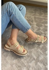 Resim Kadın Mendez Krem Çift Bantlı Kabsül Ve Vardola Deyatlı Kalın Taban Ortopedik Sandalet K-120 Bej 