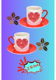 Resim Sevgililer Günü Kalpli Love Baskılı 2 Li Türk Kahvesi Fincanı Hediye Seti Kırmızı Beyaz Kırmızı - Beyaz 