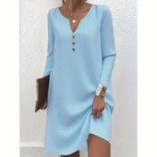 Resim Büyük Beden - Zarif Açık Mavi V Yaka Uzun Kollu Elbise Düğme Detayı ile - Şık Sonbahar/Kış Kadın Elbisesi, Düğme Detayı Elbise | V Yaka Elbise | Esnek Kumaş, Büyük Beden Elbise 