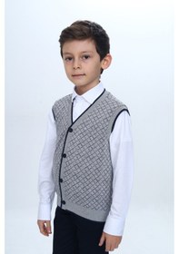 Resim Toontoy Kids Toontoy Erkek Çocuk V Yaka Düğmeli Triko Yelek - Diagonal Desenli Gri 