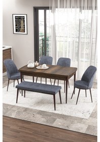 Resim Canisa Zen Serisi 80x132 Mdf Açılabilir Barok Ahşap Desen Masa Takımı 4 Füme Sandalye Ve 1 Bench Masa Barok Sandalye Ve Bench Füme 