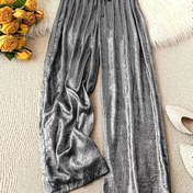 Resim Kadınlar için Şık Gri Metalik Düz Paça Pantolonlar Elastik Bel - Rahat Polyester Günlük Pantolonlar, Bol Kesim & Makinede Yıkanabilir 