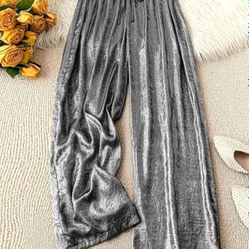 Resim Kadınlar için Şık Gri Metalik Düz Paça Pantolonlar Elastik Bel - Rahat Polyester Günlük Pantolonlar, Bol Kesim & Makinede Yıkanabilir 