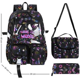 Resim Waddell Kawaii Kore Tarzı Twil Kumaş Desenli Sırt Çantası,beslenme Çantası Ve Kalemlikli Üçlü Set Siyah 