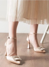 Resim Feles Kare Taş Detaylı Topuklu Kadın Abiye Ayakkabı Ten 