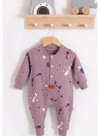 Resim Puantiye Desenli Pamuklu Kız Bebek Tulum Lila 
