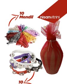 Resim Nisan Vitrini 10 Adet Karışık Tef, 10 Adet Karışık Halay Mendili Ve 1 Adet Kına Gelin Testisi / 21 Parça 