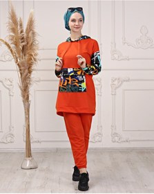 Resim CNG MODA Kadın Kolu Baskılı Kapşonlu Şık Renk Detaylı Eşofman Takımı 