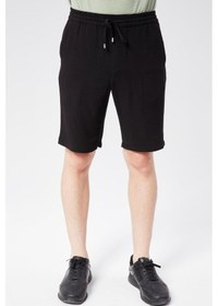 Resim Erkek Beli Lastikli Bağcıklı Keten Karışımlı Slim Fit Jogger Şort Siyah Siyah 