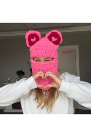Resim Linka Knit Kalpli Kulak Pembe Ayı Kar Maskesi, Kışlık Balaklava, Tavşan Kulaklı Maske 