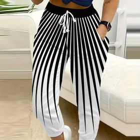 Resim Kadınlar için Günlük 3D Işın Çizgili İpli Cepli Jogger Pantolon - Mavi ve Siyah Polyester Karışımı, Esnek Bel Bandı, Makinede Yıkanabilir, Her Mevsim Rahatlık 