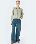 Resim Yıldız İşlemeli Bağcıklı Crop Gömlek Yaka Sweatshirt 