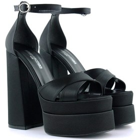 Resim Erkan Saçmacı Celine Siyah Saten Önü Açık Çapraz Bantlı Çift Platformlu Kalın Topuklu Abiye Ayakkabı Siyah 