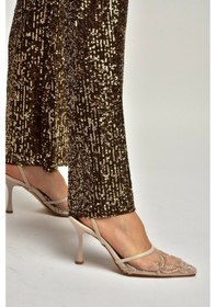 Resim Fox Shoes Y752076315 Bej File Boncuk İşlemeli İnce Topuklu Kadın Ayakkabı 
