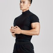 Resim Fitness Düz Renk Vücut Şekillendirici Elastik Hızlı Kuruyan Kas Erkek Kısa Kollu T-Shirt Yuvarlak Yaka Antrenman Takımı 