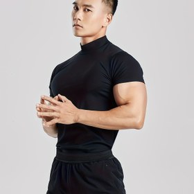 Resim Fitness Düz Renk Vücut Şekillendirici Elastik Hızlı Kuruyan Kas Erkek Kısa Kollu T-Shirt Yuvarlak Yaka Antrenman Takımı 