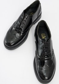 Resim LuviShoes AVRA Siyah Rugan Hakiki Deri Kadın Oxford Ayakkabı 