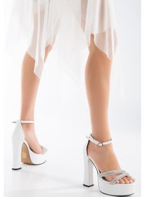 Resim Kalın Taş Tek Bant Platform Topuk Beyaz Kadın Abiye Ayakkabı-2497-beyaz Beyaz 