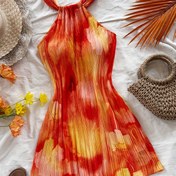 Resim Kadınların Renkli Bağcıklı Desenli Ruched A-Line Mini Elbise - Canlı Kırmızı, Turuncu ve Sarı Yaz Plaj Elbisesi Tatil, Düğün Misafiri, Doğum Günü, Paskalya, Bohem ve Festival Giyim, Festival Kıyafeti, Offshoulder Tasarım, Akışkan Kumaş 