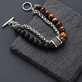 Resim Şık Tigrin Gözü ve Mat Oniks Titanyum Çelik Bileklik - Günlük Çift Katmanlı, Taşlı Detaylar, Doğal Taş, Elektrikli Kaplama, Moda Aksesuarı | Şık Tasarım | Dayanıklı Yapım 