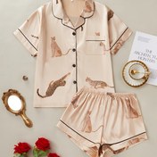 Resim Yazlık Leopar Desenli Kısa Kollu Şortlu Kadın Pijama Takımı Ev Giyimi 