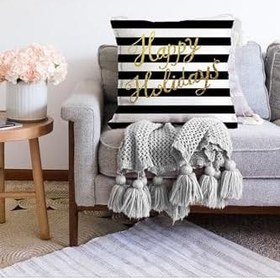 Resim RealHomes Çift Taraflı Beyaz Zeminli Siyah Çizgili Gold Yazılı Happy Holidays Yazılı Raşel Örme Yastık Kılıfı, Sonil-K7696-43x43cm 
