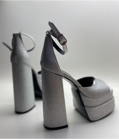 Resim HAYYSHOES Gümüş Simli Bilekten Bağlamalı Çift Platform Topuklu Sandalet 
