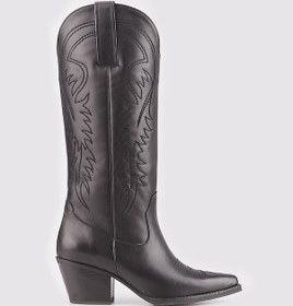 Resim Hakiki Deri Siyah Kadın Western Çizme Siyah 