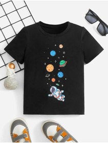 Resim MORNİNG KİDS Siyah Gezegenler ve Astronot Baskılı Çocuk Penye Tshirt 