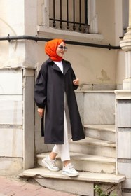 Resim Vibeys Collection Siyah İçi Çizgili Balon Kol Kadın Trençkot 