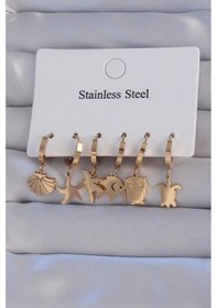 Resim 316l Çelik Gold Renk Zirkon Taşlı Hayvan Figürlü Deniz Yıldızı Model Halka Küpe Seti Çok Renkli 