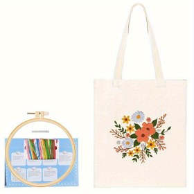 Resim Kızlar için Dikiş Hobisi Sanat Eseri Dikiş Malzemeleri El Yapımı Hediye için Uygun DIY Nakış Çanta Çiçek Nakışlı Kanvas Tote Çanta Desenli Çapraz Dikiş Kiti 