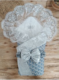 Resim Tomuycuk Gümüş Dantelli & Şık Bebek Kundağı - Hediyelik Bebek Battaniyesi & Hastane Çıkışı 