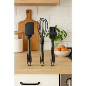 Resim 3 Parça Silikon Mutfak Seti, Çırpıcı, Yumurta Fırçası, Spatula, Gri 