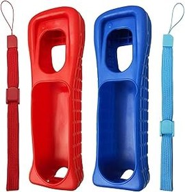 Resim Wii uzaktan kumanda için el kayışlı silikon koruyucu kılıf, kırmızı + mavi, 2 adet 