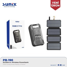 Resim E-Kervan Sunix Solar Güneş Enerjili 20.000 Mah Güneş Enerjili LED Işıklı+ Güneş Enerji Panelli+Magsafeli Powerbank Dahili Çoklu Şarj Kablosu Ce Lisanslı Sertifikalı Orjinal 
