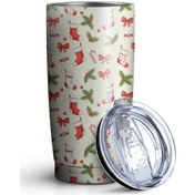 Resim 20oz Noel Desenli Seyahat Kahve Termosu, Kapaklı Paslanmaz Çelik Noel Çorap Kızılcık 