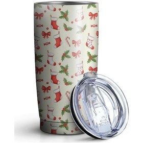 Resim 20oz Noel Desenli Seyahat Kahve Termosu, Kapaklı Paslanmaz Çelik Noel Çorap Kızılcık 
