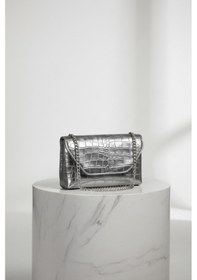 Resim Uzun Askılı Kroko Dokulu Kadın Clutch Çapraz Çanta Gümüş 