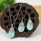 Resim Kadınlar için Şık 3 Parça Vintage Etnik Takı Seti - Gümüş Asma Desenli Oyma Çinko Alaşımı ile Taklit Turkuaz Gözyaşı Küpeleri & Kolye, Günlük Kıyafetler veya Hediye için Mükemmel, Damlacık Şekli, Moda Aksesuarları 