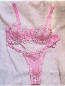 Resim Pembe/pudra Çiçekli Dantelli Transparan Sütyen Tanga Takımı - Fantezi İç Giyim Pembe 
