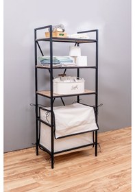 Resim Metal Ahşap Dekoratif Raf Çamaşır Sepeti Banyo Kirli Sepeti Siyah 