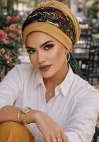 Resim Aişe tesettür Camel Yaprak Desenli Bantlı Hazır Bone 