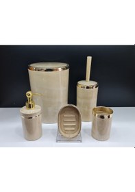 Resim Akrilik Yuvarlak Banyo Seti Krem Mermer Gold Kromaj 5'Li Krem 