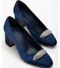 Resim Kadın Siletto Topuklu Ayakkabı Lacivert Saten Taşlı Kalın Topuklu-4170 Lacivert 