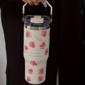 Resim Çilek Standı Serisi Yalıtımlı Termos - 33.44oz Paslanmaz Çelik Su Şişesi, Saplı & Samanlı, Sıcak ve Soğuk İçecekler için Çift Ağızlı, Seyahat, Spor Salonu, Dış Aktiviteler için Mükemmel - Tekrar Kullanılabilir, Sadece Elde Yıkama 